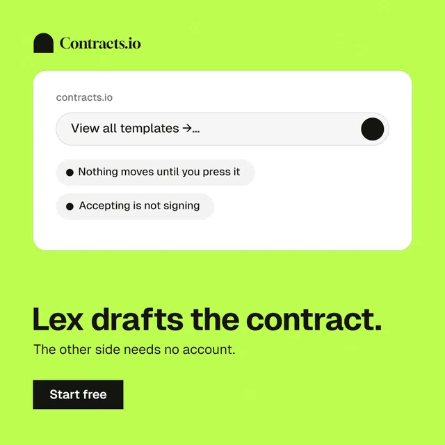 Instagram post for contracts.io: "Lex drafts the contract." Swiss style, bottom layout, light palette in green, white.