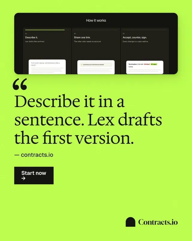 Instagram portrait post for contracts.io: "Describe it in a sentence. Lex drafts the first version." Swiss style, quote layout, light palette in green.