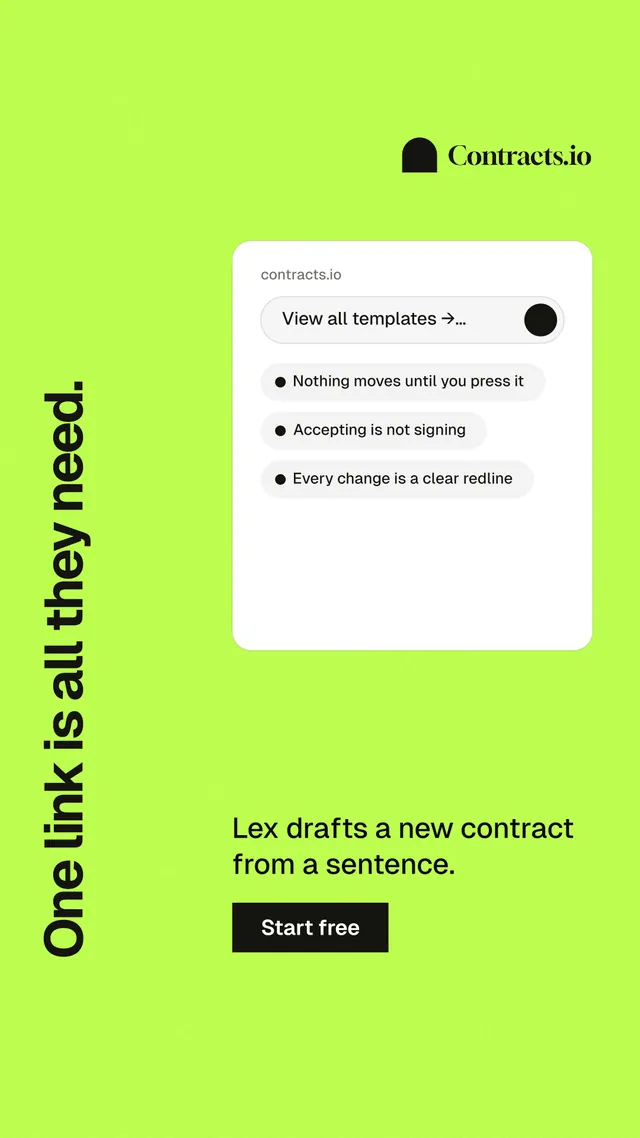 Instagram story for contracts.io: "One link is all they need." Swiss style, vertical layout, light palette in green, white.