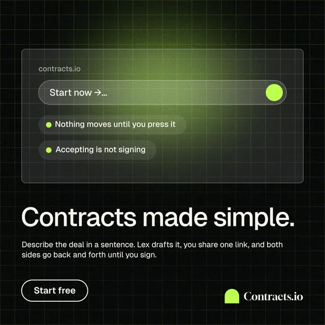 Instagram post for contracts.io: "Contracts made simple." Phosphor atlas style, bottom layout, dark palette in black, grey.