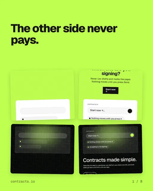 Carousel for contracts.io: "The other side never pays.". Collection carousel, 8 slides, light palette.