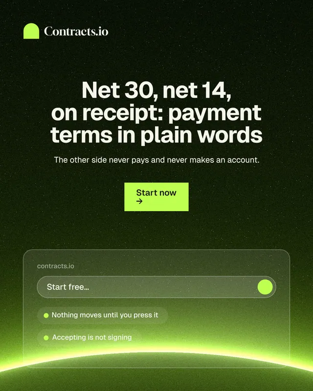 Instagram portrait post for contracts.io: "Net 30, net 14, on receipt: payment terms in plain words". Swiss style, centred layout, dark palette in black, green.