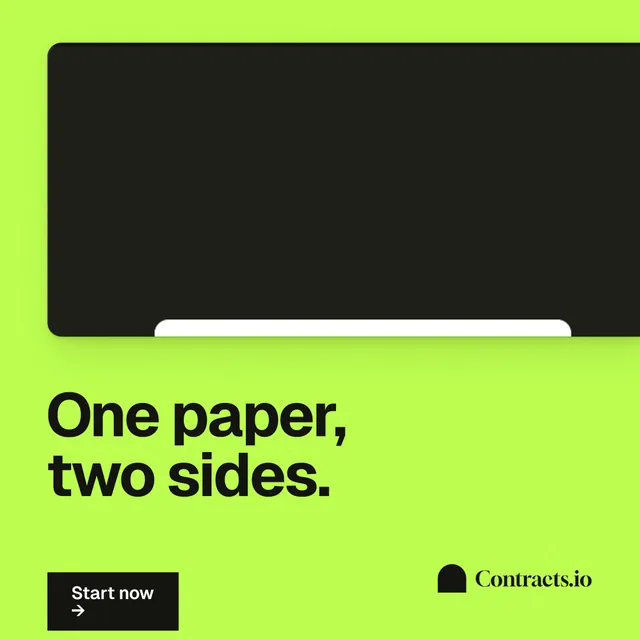 Instagram post for contracts.io: "One paper, two sides." Swiss style, bottom layout, light palette in green, black.