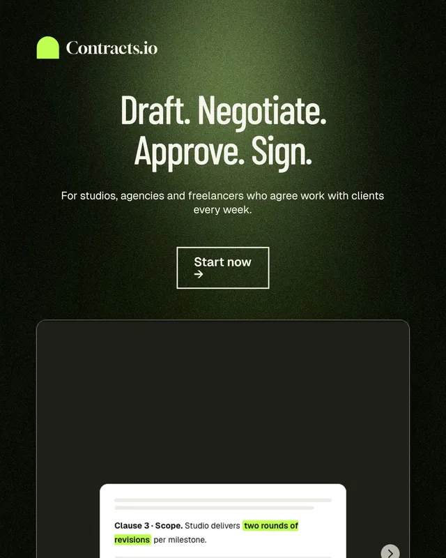 Instagram portrait post for contracts.io: "Draft. Negotiate. Approve. Sign." Dark deco style, centred layout, dark palette in black, green, grey.