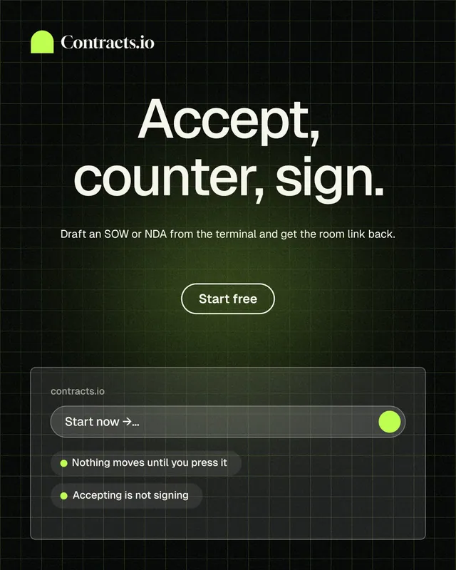 Instagram portrait post for contracts.io: "Accept, counter, sign." Phosphor atlas style, centred layout, dark palette in black, grey.