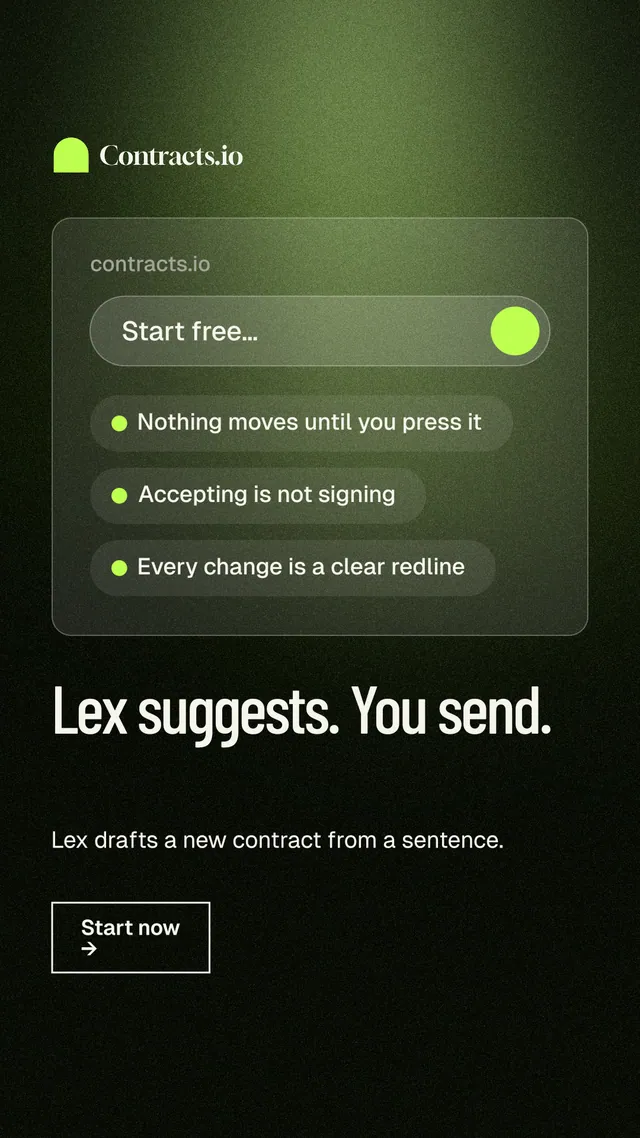 Instagram story for contracts.io: "Lex suggests. You send." Dark deco style, bottom layout, dark palette in black, green.