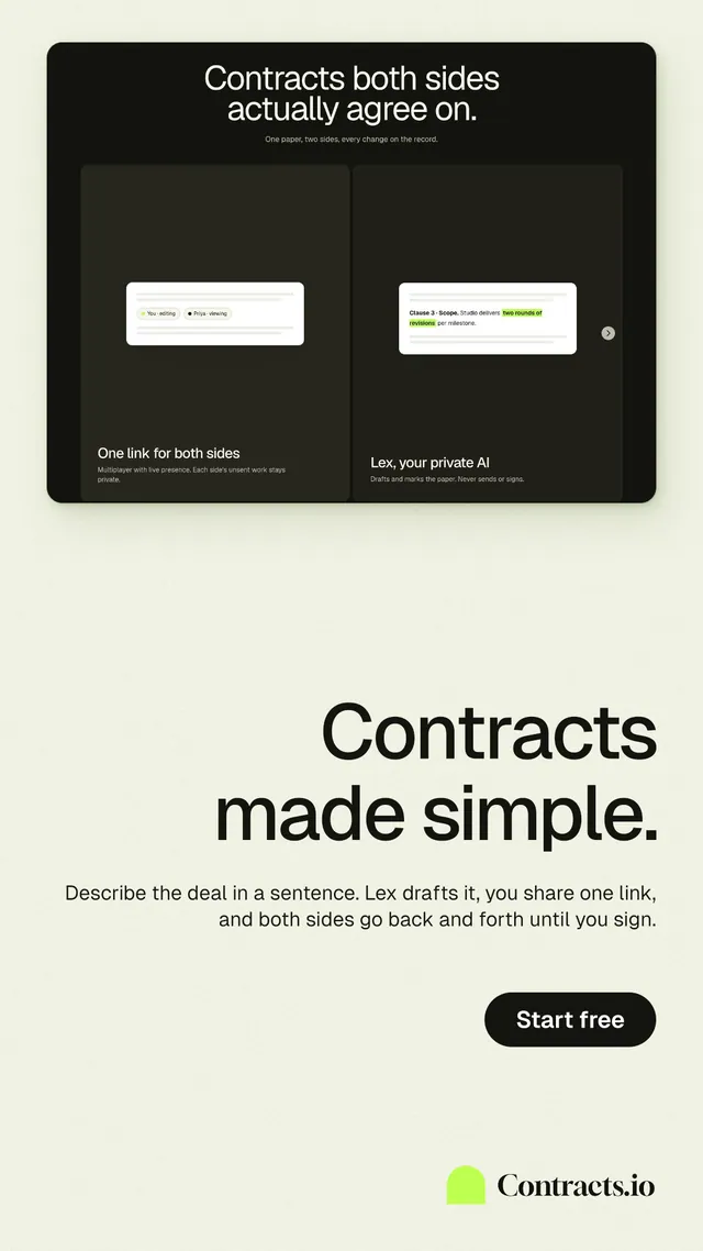 Instagram story for contracts.io: "Contracts made simple." Data card style, right layout, light palette in white, black, green.