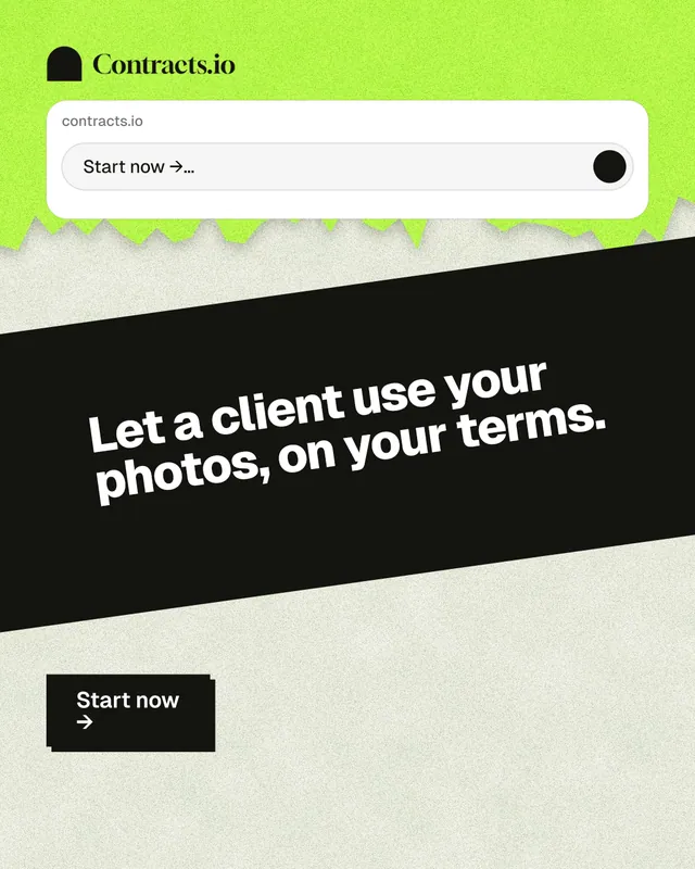 Instagram portrait post for contracts.io: "Let a client use your photos, on your terms." Paper trio style, diagonal layout, light palette in white, black, green.