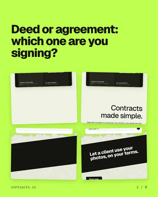 Carousel for contracts.io: "Deed or agreement: which one are you signing?". Collection carousel, 8 slides, light palette.