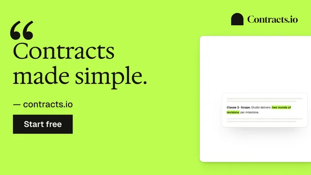 Landscape graphic for contracts.io: "Contracts made simple." Swiss style, quote layout, light palette in green, white.
