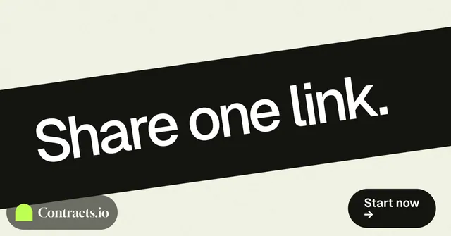 Social ad for contracts.io: "Share one link." Data card style, diagonal layout, light palette in white, black, grey.