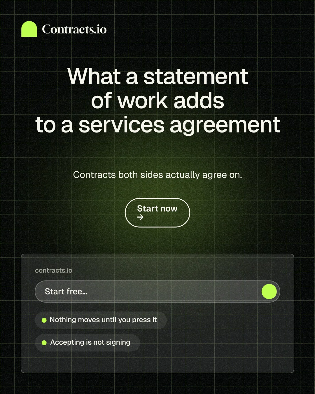 Instagram portrait post for contracts.io: "What a statement of work adds to a services agreement". Phosphor atlas style, centred layout, dark palette in black, grey.