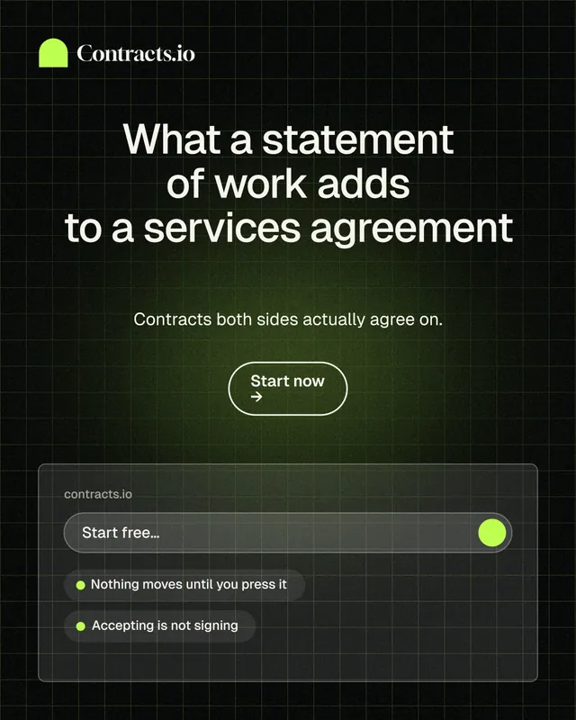 Instagram portrait post for contracts.io: "What a statement of work adds to a services agreement". Phosphor atlas style, centred layout, dark palette in black, grey.