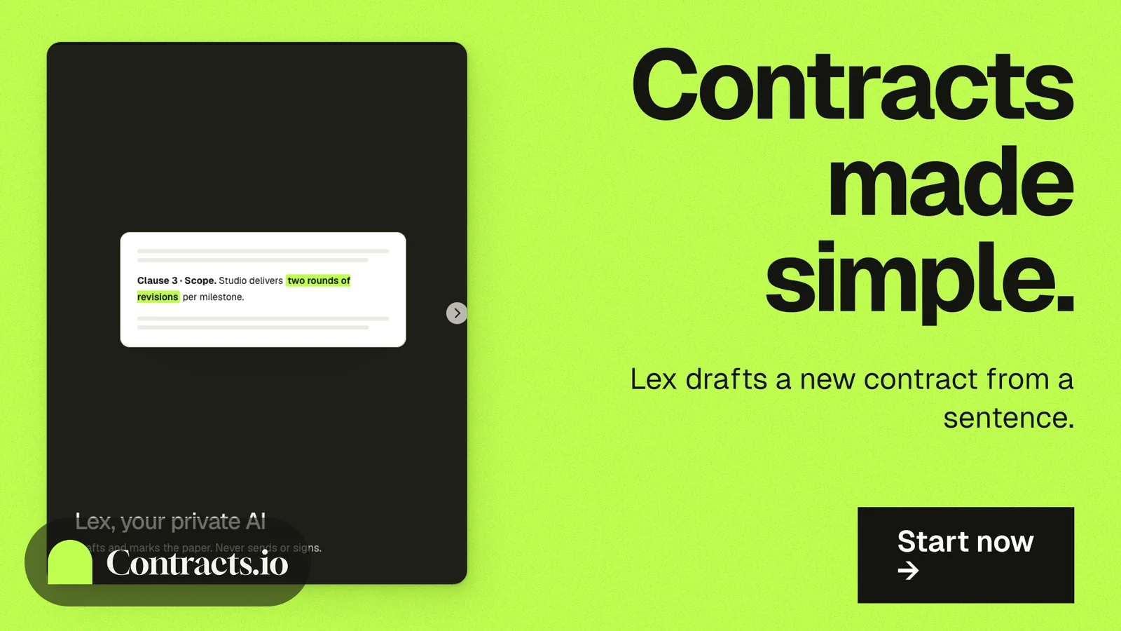 Landscape graphic for contracts.io: "Contracts made simple." Swiss style, right layout, light palette in black, green.