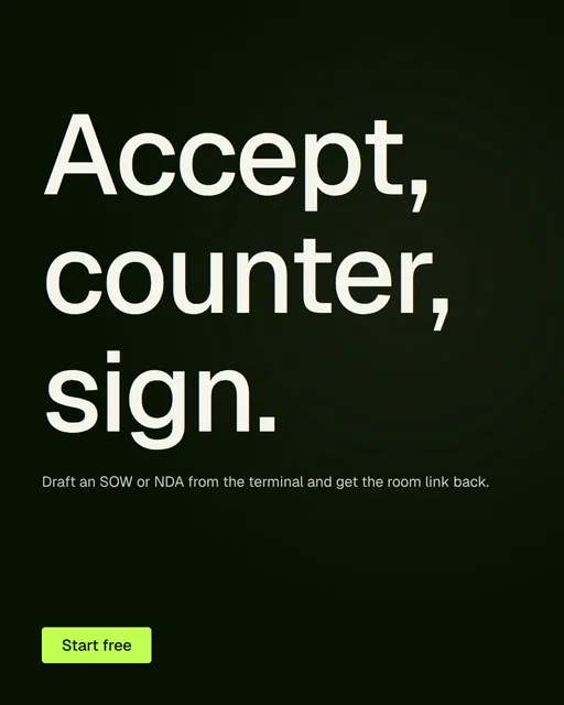 Video for contracts.io: "Accept, counter, sign.". Doc motion loop, 8.0 s, dark palette.