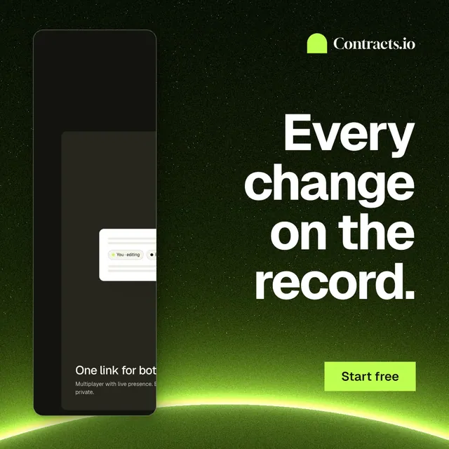 Instagram post for contracts.io: "Every change on the record." Swiss style, right layout, dark palette in black, green.