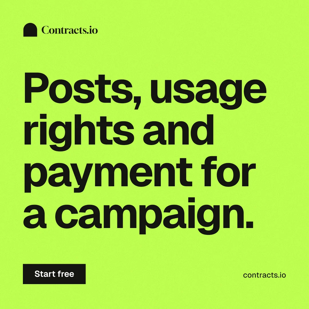 Instagram post for contracts.io: "Posts, usage rights and payment for a campaign." Swiss style, poster layout, light palette in green.