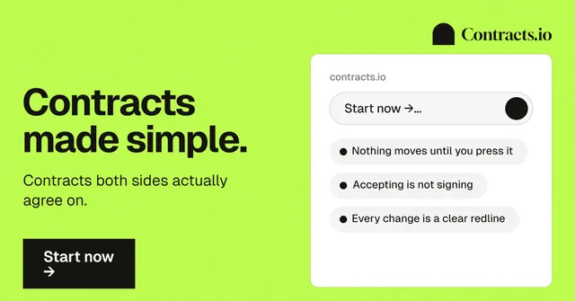 Social ad for contracts.io: "Contracts made simple." Swiss style, bottom layout, light palette in green.