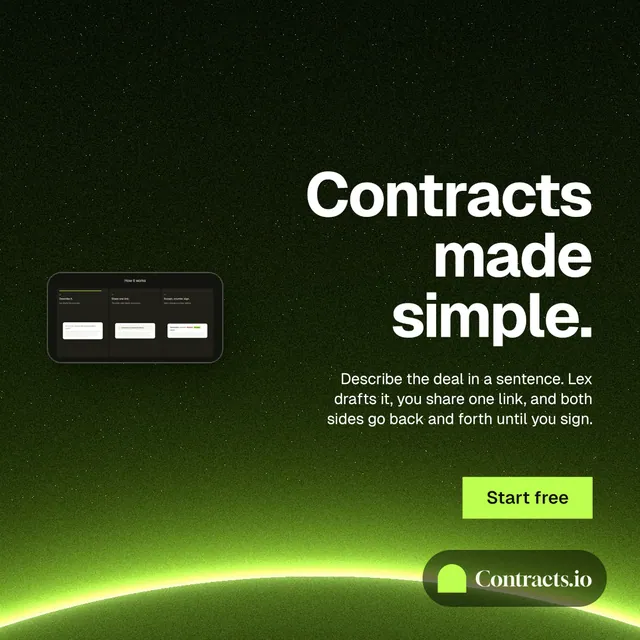 Instagram post for contracts.io: "Contracts made simple." Swiss style, right layout, dark palette in green, black.