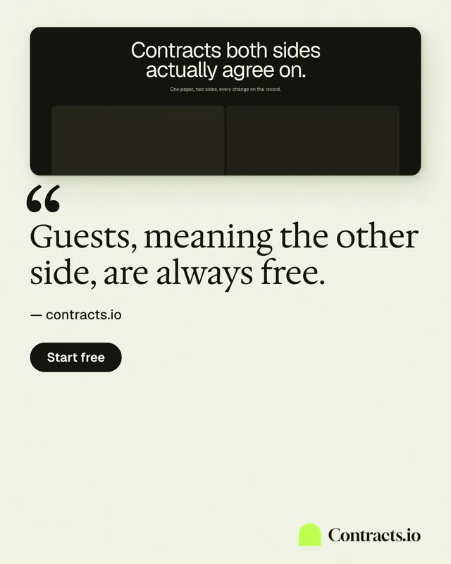 Instagram portrait post for contracts.io: "Guests, meaning the other side, are always free." Data card style, quote layout, light palette in white, black, green.