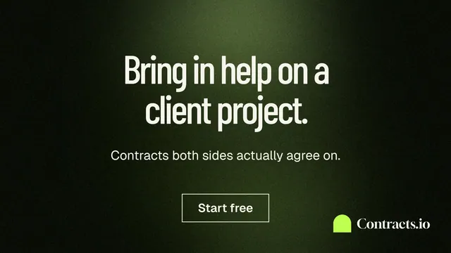 Landscape graphic for contracts.io: "Bring in help on a client project." Dark deco style, centred layout, dark palette in black, grey.
