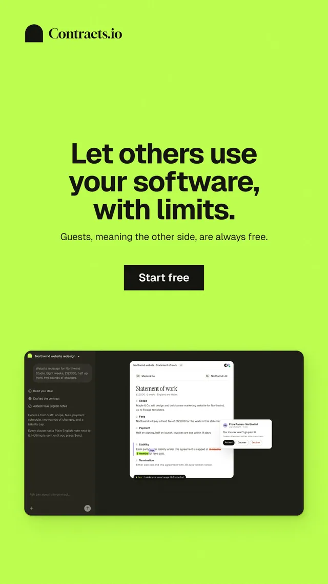 Instagram story for contracts.io: "Let others use your software, with limits." Swiss style, centred layout, light palette in green.