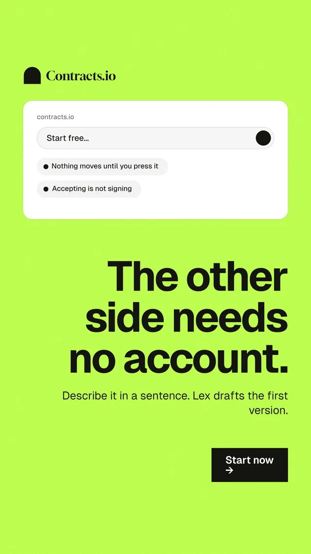 Instagram story for contracts.io: "The other side needs no account." Swiss style, right layout, light palette in green.