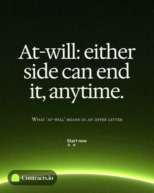 Instagram portrait post for contracts.io: "At-will: either side can end it, anytime." Swiss style, smallcaps layout, dark palette in black, green.