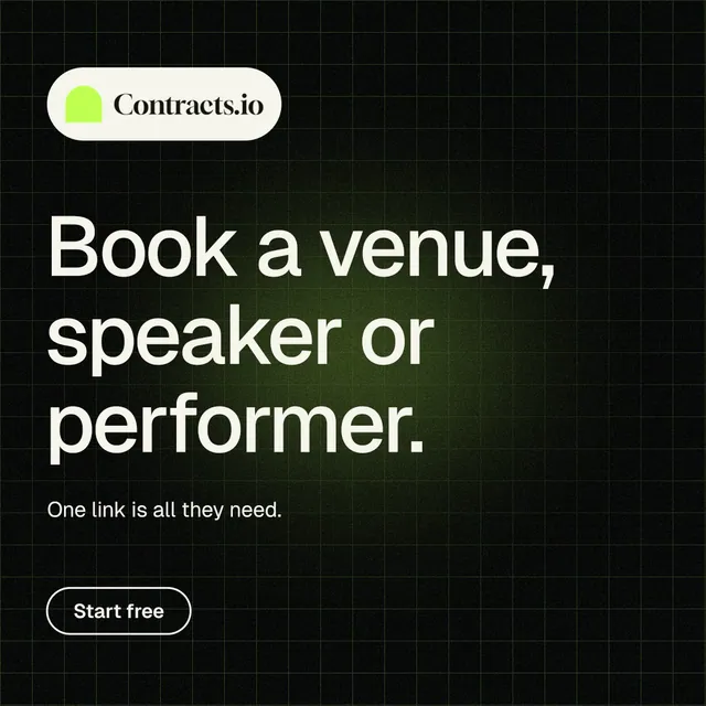 Instagram post for contracts.io: "Book a venue, speaker or performer." Phosphor atlas style, announce layout, dark palette in black, green, grey.