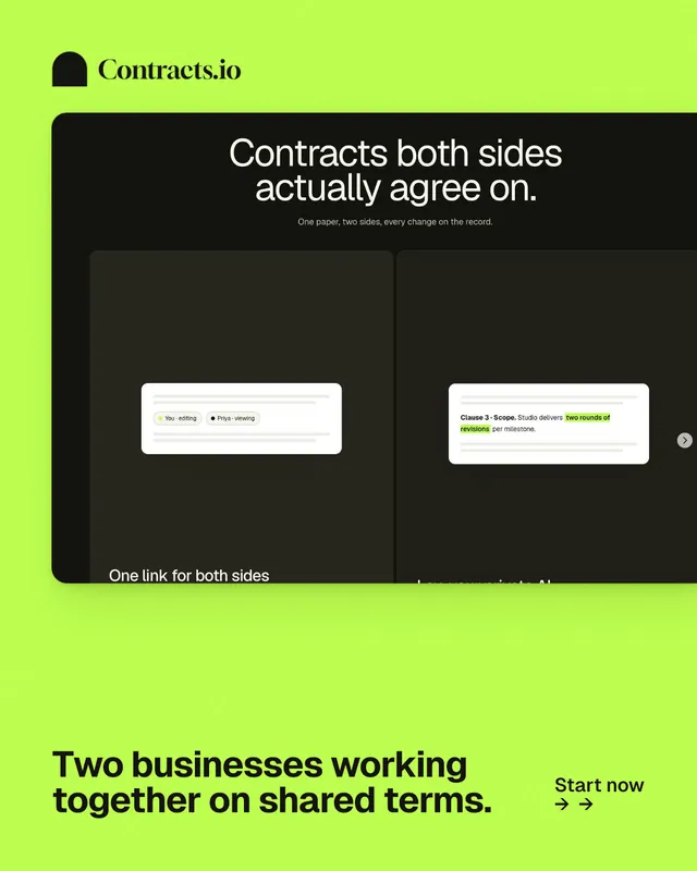 Instagram portrait post for contracts.io: "Two businesses working together on shared terms." Swiss style, image led layout, light palette in green, black.