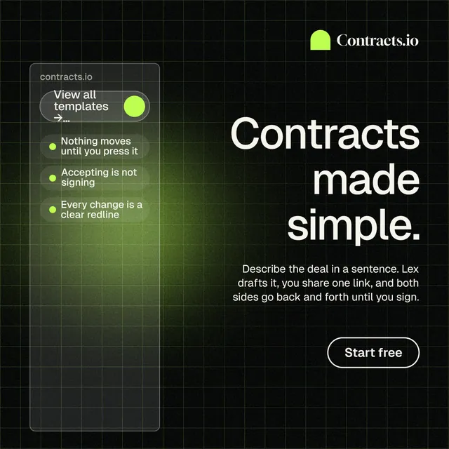 Instagram post for contracts.io: "Contracts made simple." Phosphor atlas style, right layout, dark palette in black, grey.
