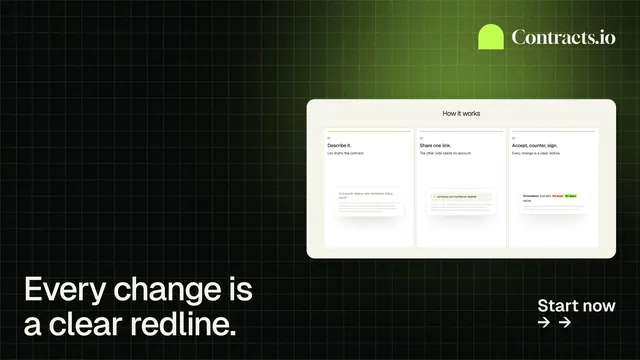 Landscape graphic for contracts.io: "Every change is a clear redline." Phosphor atlas style, image led layout, dark palette in black, green.