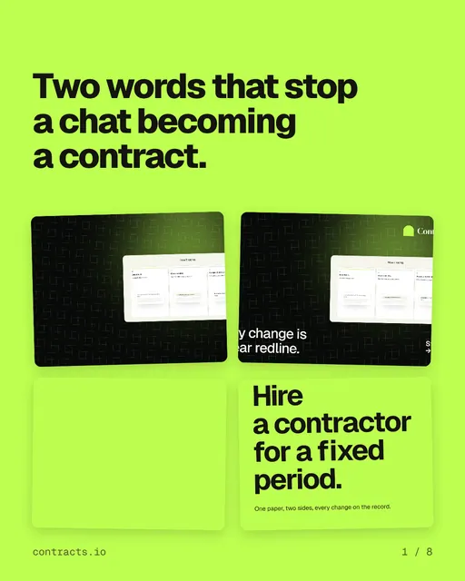 Carousel for contracts.io: "Two words that stop a chat becoming a contract.". Collection carousel, 8 slides, light palette.