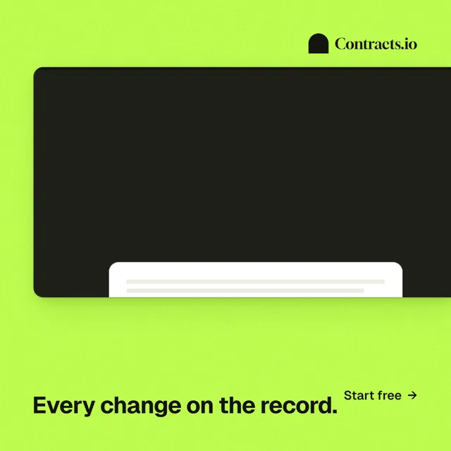 Instagram post for contracts.io: "Every change on the record." Swiss style, image led layout, light palette in green, black.