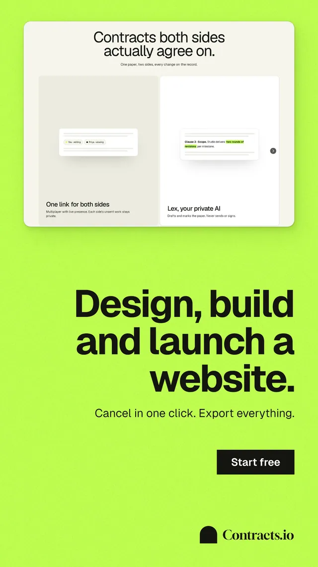 Instagram story for contracts.io: "Design, build and launch a website." Swiss style, right layout, light palette in green.