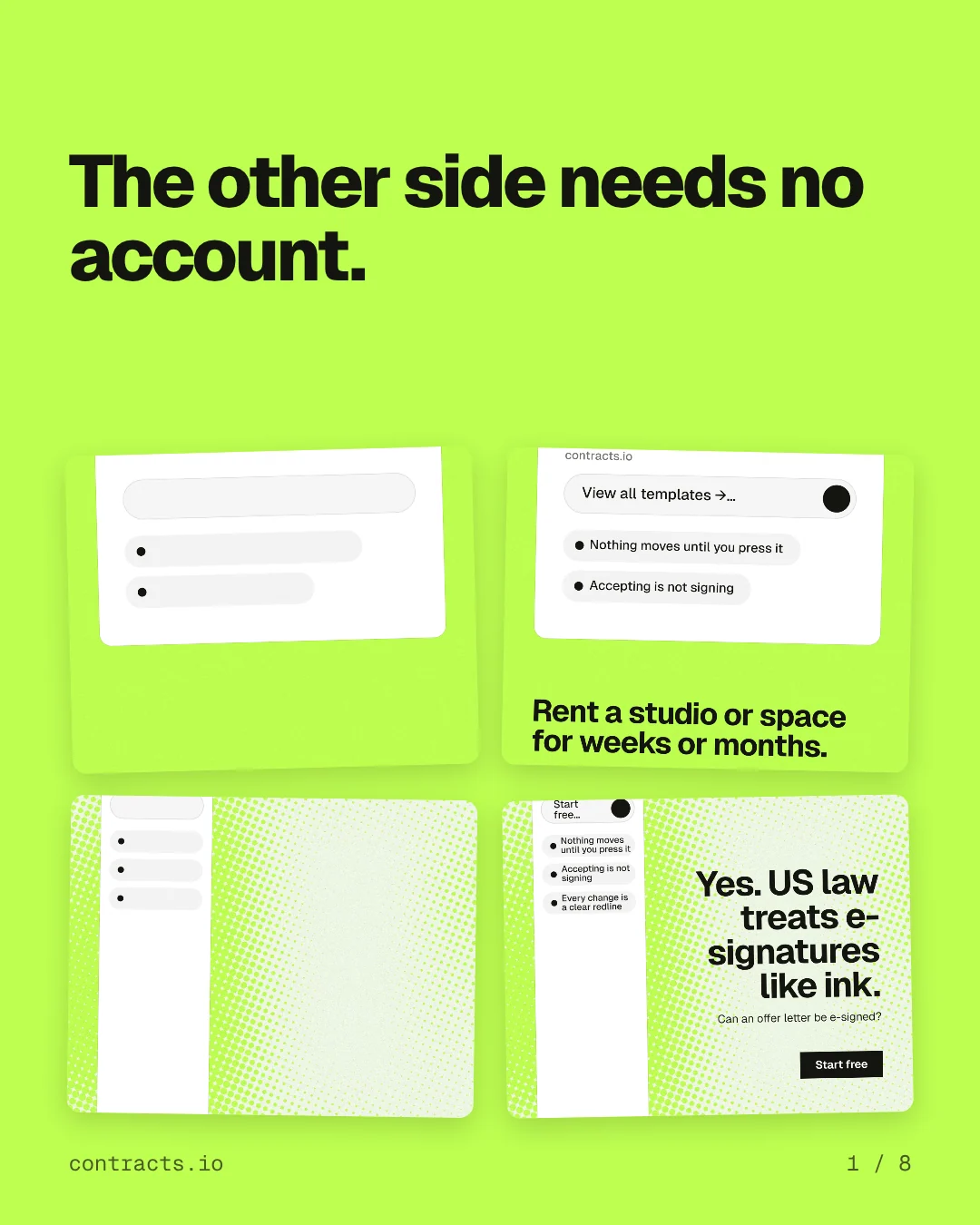 Carousel for contracts.io: "The other side needs no account.". Collection carousel, 8 slides, light palette.