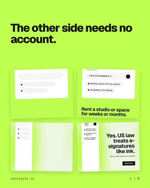 Carousel for contracts.io: "The other side needs no account.". Collection carousel, 8 slides, light palette.