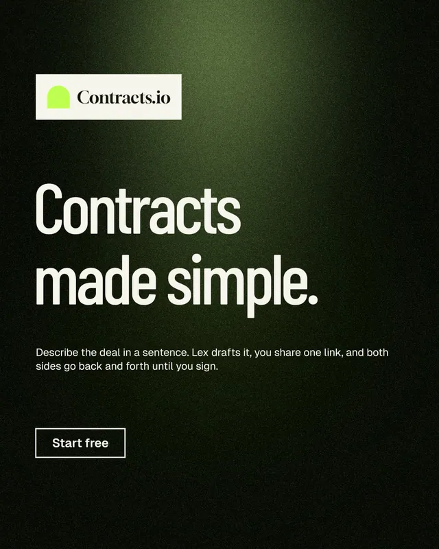 Instagram portrait post for contracts.io: "Contracts made simple." Dark deco style, announce layout, dark palette in black, grey.