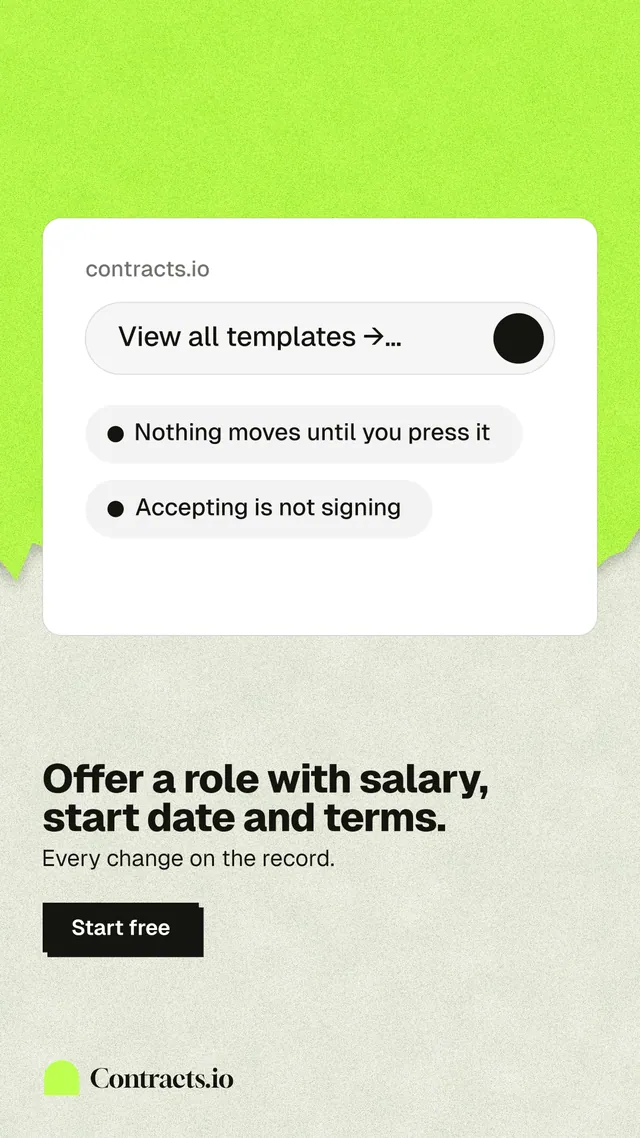 Instagram story for contracts.io: "Offer a role with salary, start date and terms." Paper trio style, bottom layout, light palette in white, green, yellow.