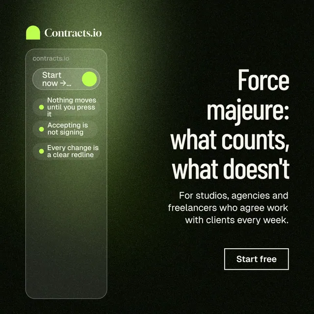Instagram post for contracts.io: "Force majeure: what counts, what doesn't". Dark deco style, right layout, dark palette in black, green, grey.