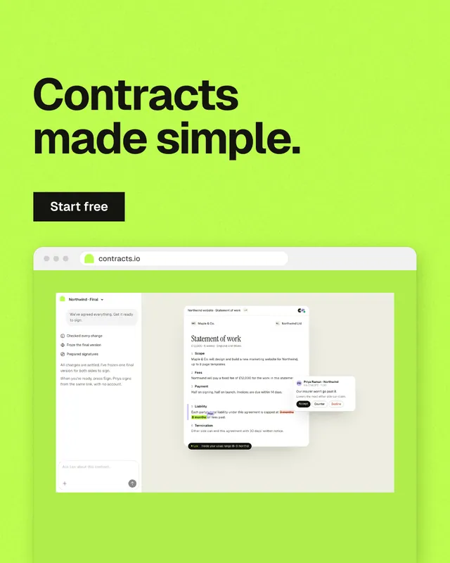 Instagram portrait post for contracts.io: "Contracts made simple." Swiss style, browser layout, light palette in green.