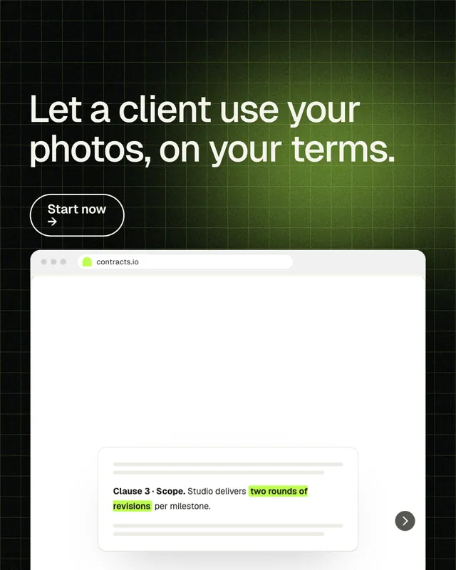 Instagram portrait post for contracts.io: "Let a client use your photos, on your terms." Phosphor atlas style, browser layout, light palette in white, black, green.