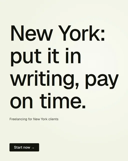 Video for contracts.io: "New York: put it in writing, pay on time.". Kinetic type grid, 8.0 s, light palette.