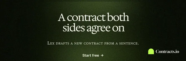 X header for contracts.io: "A contract both sides agree on". Dark deco style, smallcaps layout, dark palette in black, green.