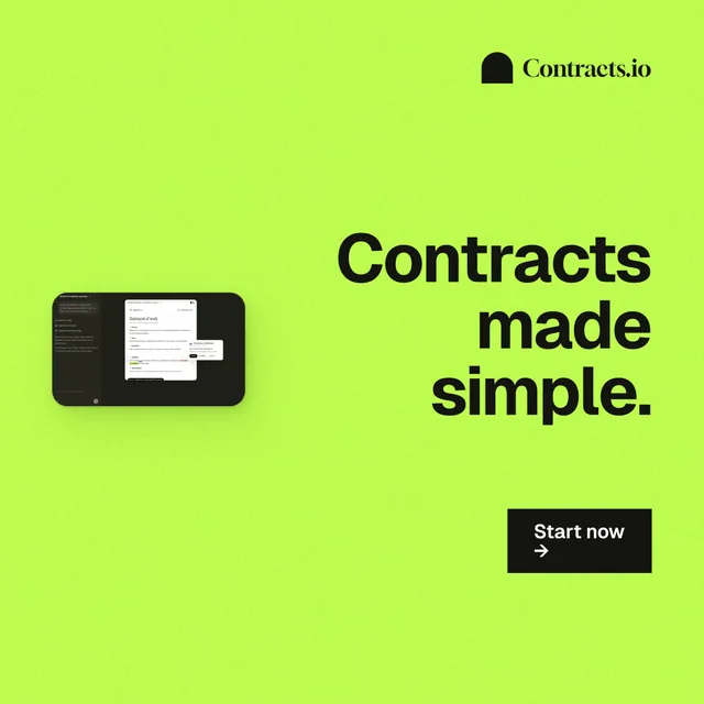 Instagram post for contracts.io: "Contracts made simple." Swiss style, right layout, light palette in green.