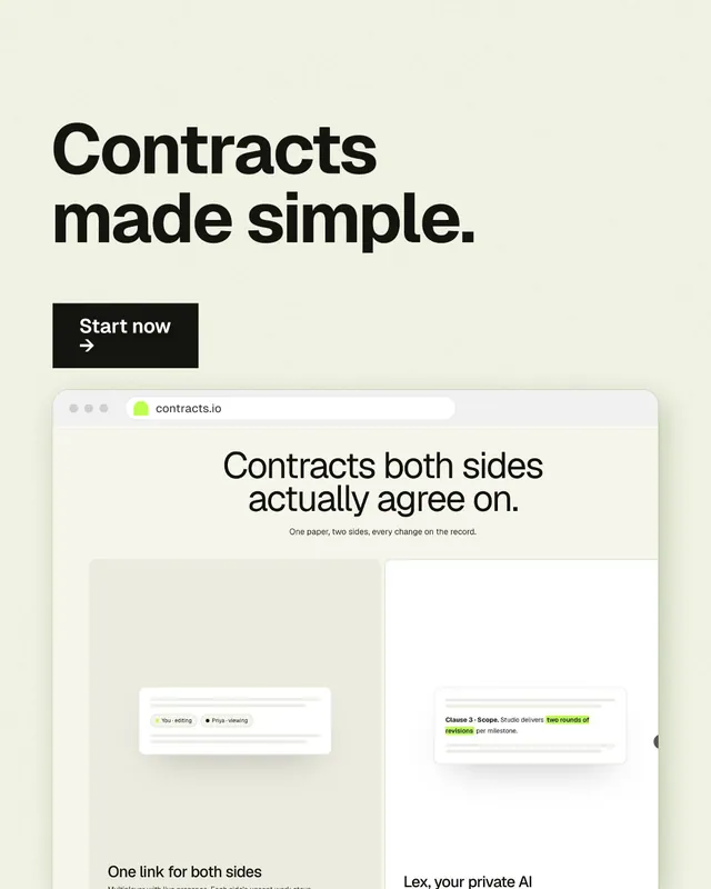 Instagram portrait post for contracts.io: "Contracts made simple." Swiss style, browser layout, light palette in white, yellow, grey.
