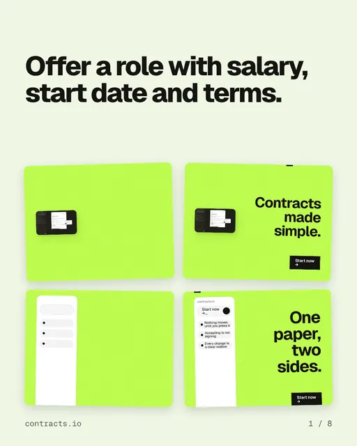 Carousel for contracts.io: "Offer a role with salary, start date and terms.". Collection carousel, 8 slides, light palette.