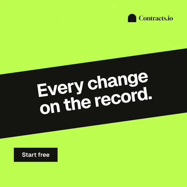 Instagram post for contracts.io: "Every change on the record." Swiss style, diagonal layout, light palette in green, black.