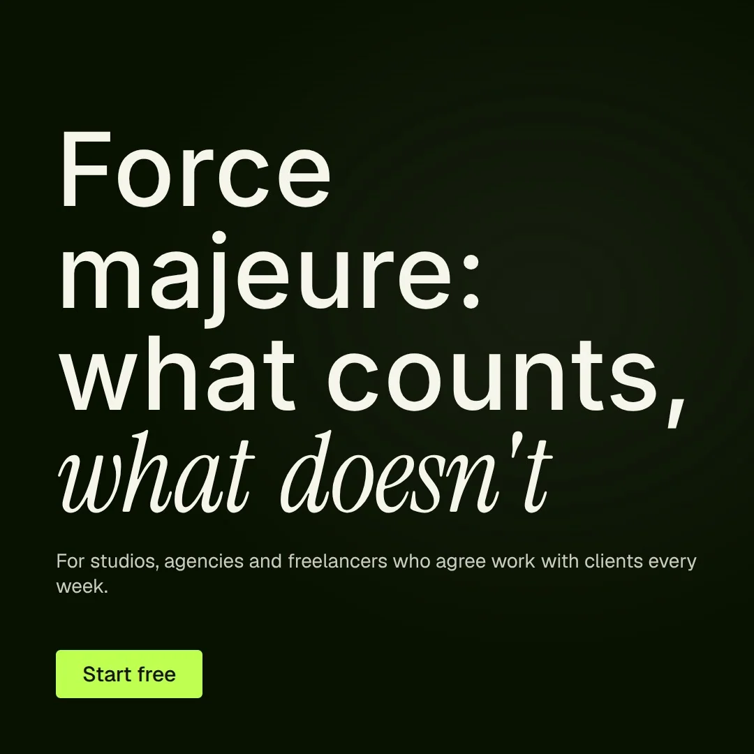 Video for contracts.io: "Force majeure: what counts, what doesn't". Doc motion loop, 6.0 s, dark palette.