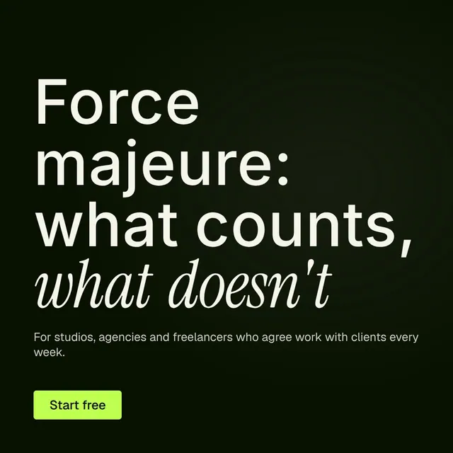 Video for contracts.io: "Force majeure: what counts, what doesn't". Doc motion loop, 6.0 s, dark palette.